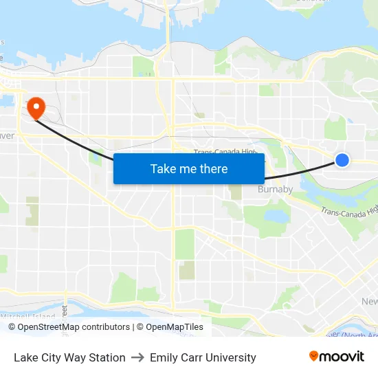 Lake City Way Station to Emily Carr University map