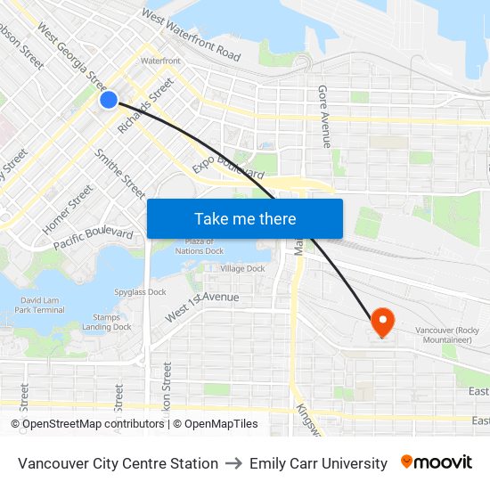 Vancouver City Centre Station to Emily Carr University map