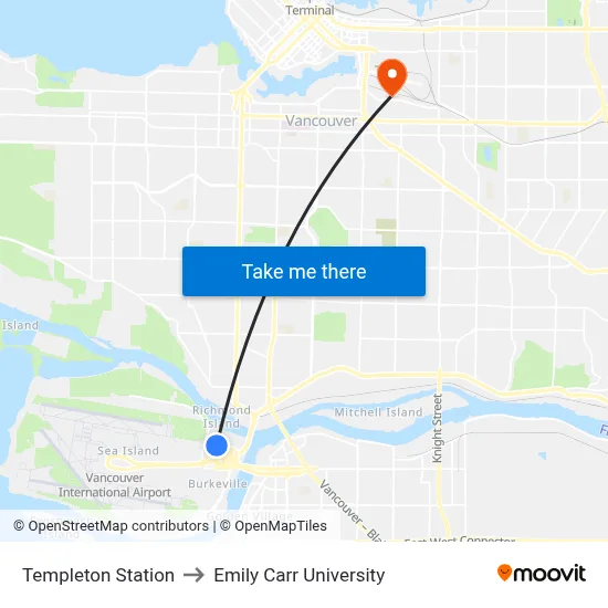 Templeton Station to Emily Carr University map