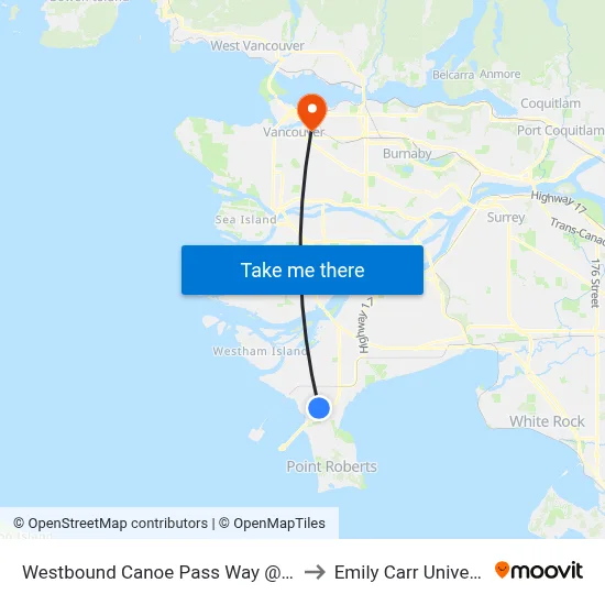 Westbound Canoe Pass Way @ 52 St to Emily Carr University map