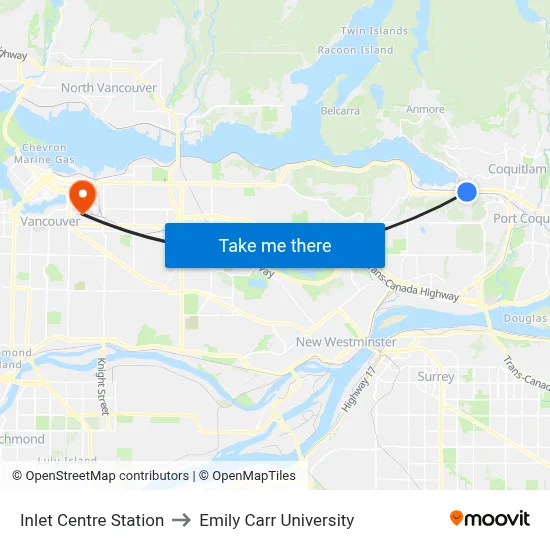 Inlet Centre Station to Emily Carr University map