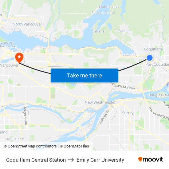 Coquitlam Central Station to Emily Carr University map
