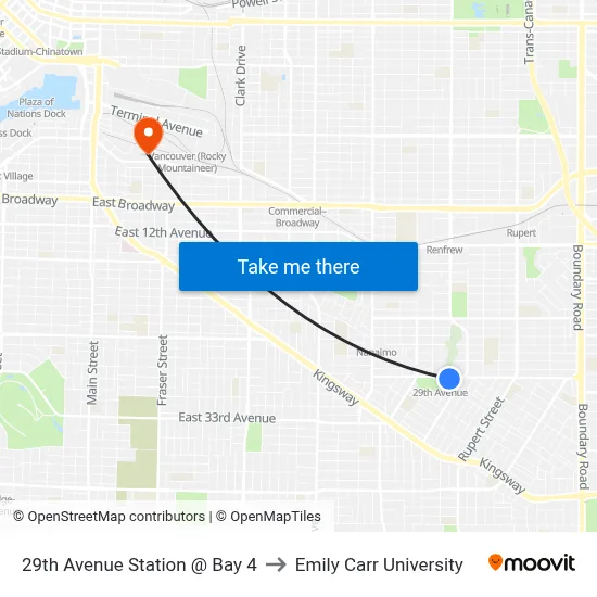 29th Avenue Station @ Bay 4 to Emily Carr University map