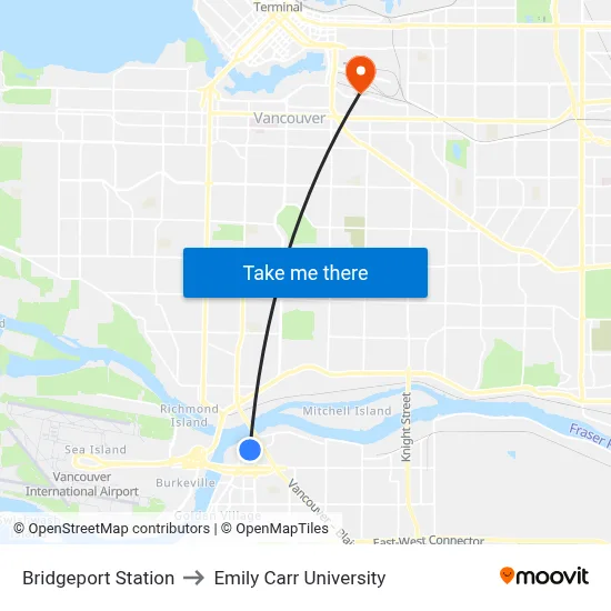Bridgeport Station to Emily Carr University map