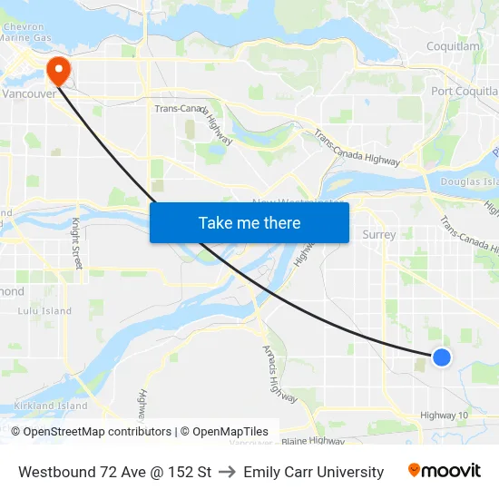 Westbound 72 Ave @ 152 St to Emily Carr University map