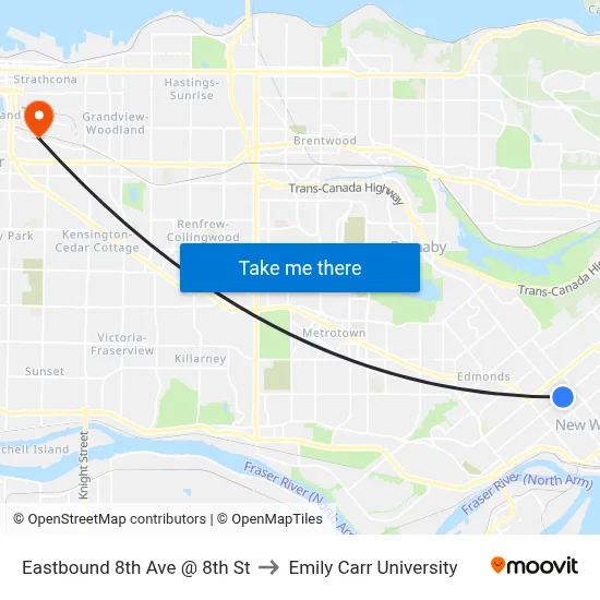 Eastbound 8th Ave @ 8th St to Emily Carr University map