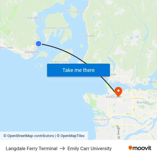 Langdale Ferry Terminal to Emily Carr University map