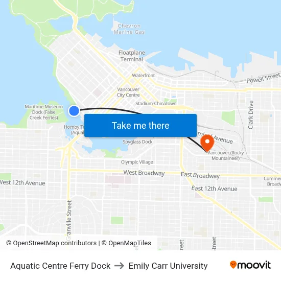 Aquatic Centre Ferry Dock to Emily Carr University map