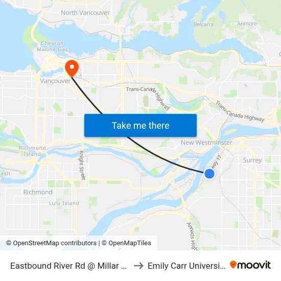 Eastbound River Rd @ Millar Rd to Emily Carr University map