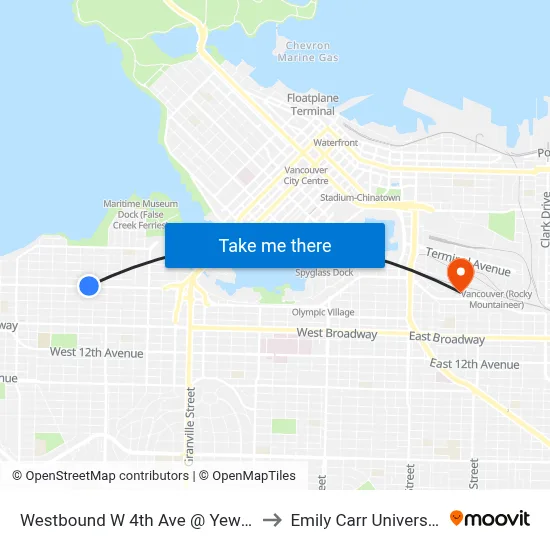 Westbound W 4th Ave @ Yew St to Emily Carr University map