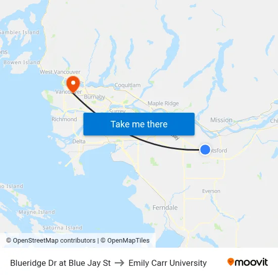 Blueridge Dr at Blue Jay St to Emily Carr University map