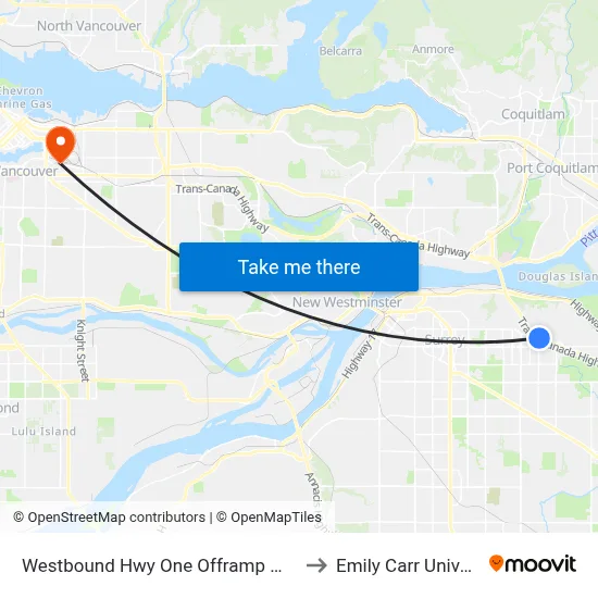 Westbound Hwy One Offramp @ 156 St to Emily Carr University map