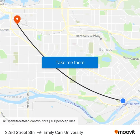 22nd Street Stn to Emily Carr University map