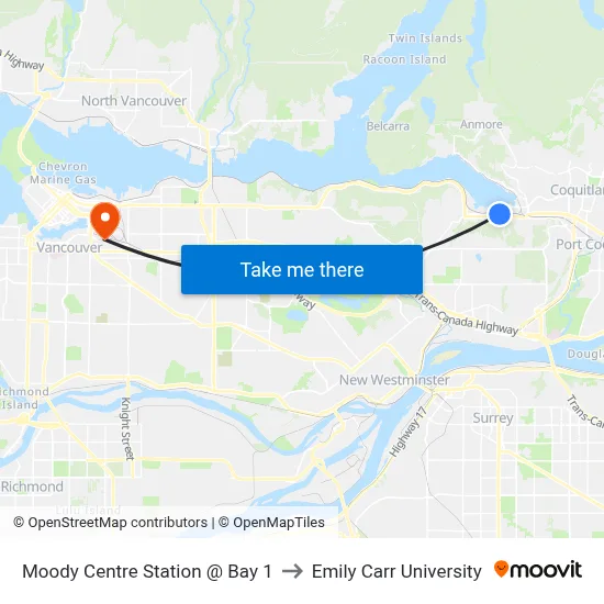 Moody Centre Station @ Bay 1 to Emily Carr University map
