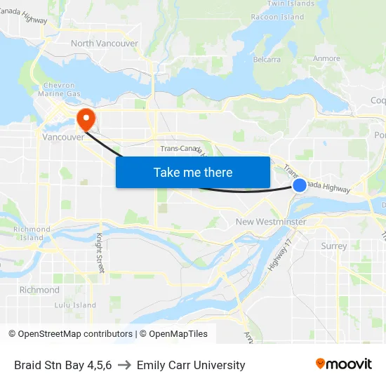 Braid Stn Bay 4,5,6 to Emily Carr University map