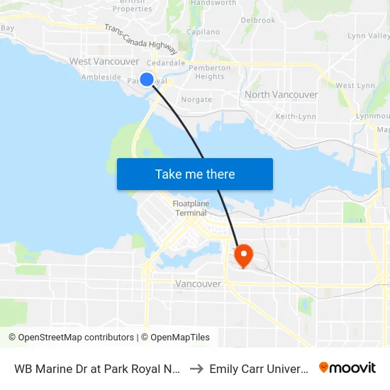 WB Marine Dr at Park Royal North to Emily Carr University map