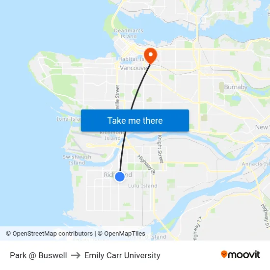 Park @ Buswell to Emily Carr University map