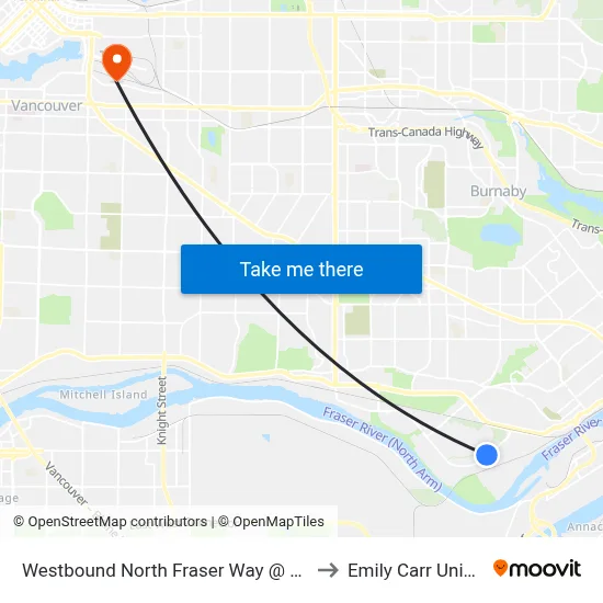 Westbound North Fraser Way @ Wiggins St to Emily Carr University map