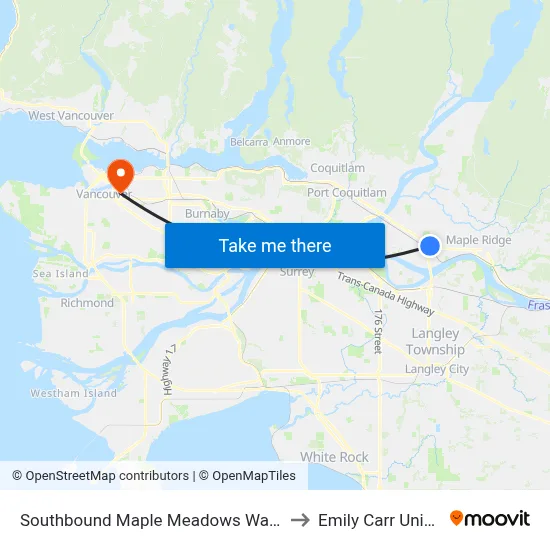 Southbound Maple Meadows Way @ 200 St to Emily Carr University map