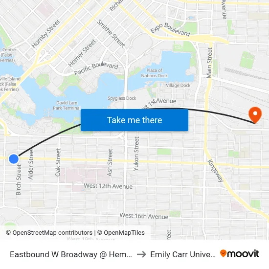Eastbound W Broadway @ Hemlock St to Emily Carr University map