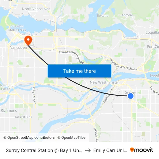 Surrey Central Station @ Bay 1 Unloading Only to Emily Carr University map