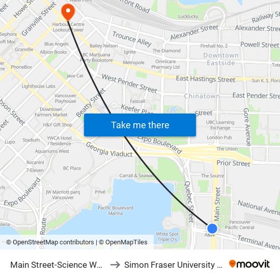 Main Street-Science World Station @ Bay 1 to Simon Fraser University - Vancouver Campus map