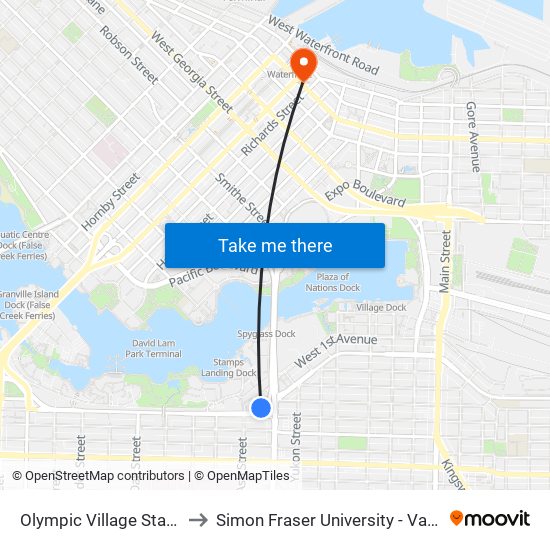 Olympic Village Station @ Bay 1 to Simon Fraser University - Vancouver Campus map