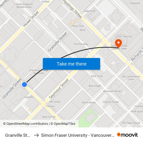 Granville Station to Simon Fraser University - Vancouver Campus map