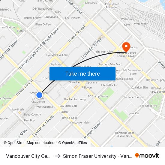 Vancouver City Centre Station to Simon Fraser University - Vancouver Campus map