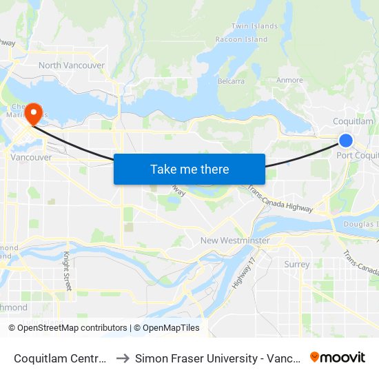 Coquitlam Central Station to Simon Fraser University - Vancouver Campus map