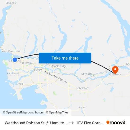 Westbound Robson St @ Hamilton St to UFV Five Corners map