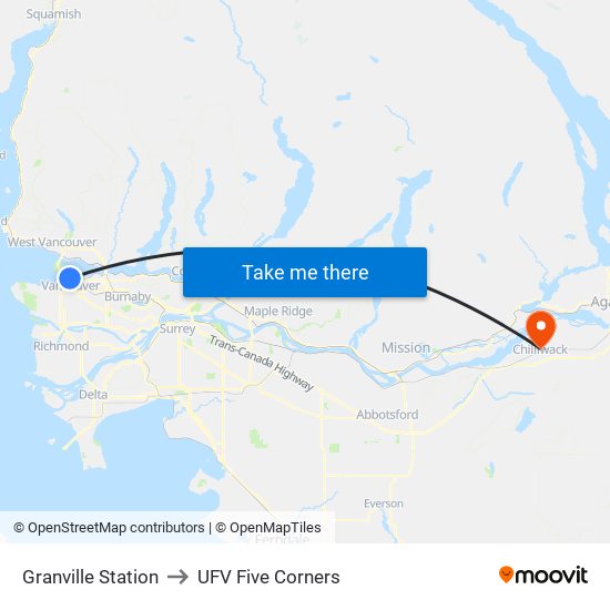 Granville Station to UFV Five Corners map