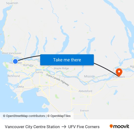 Vancouver City Centre Station to UFV Five Corners map