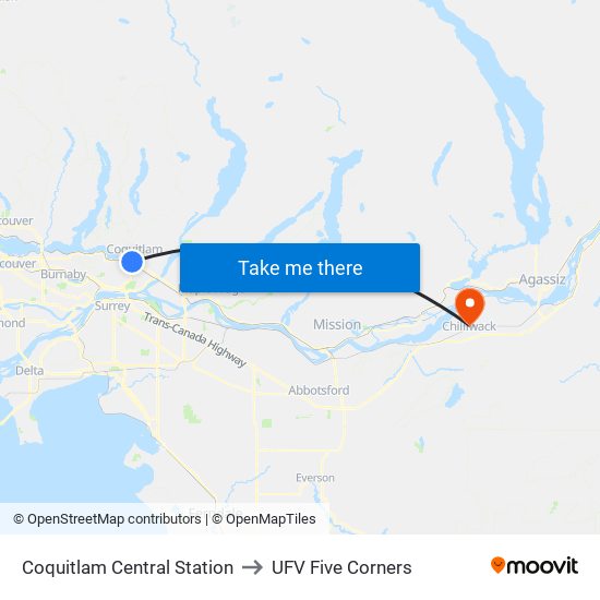 Coquitlam Central Station to UFV Five Corners map