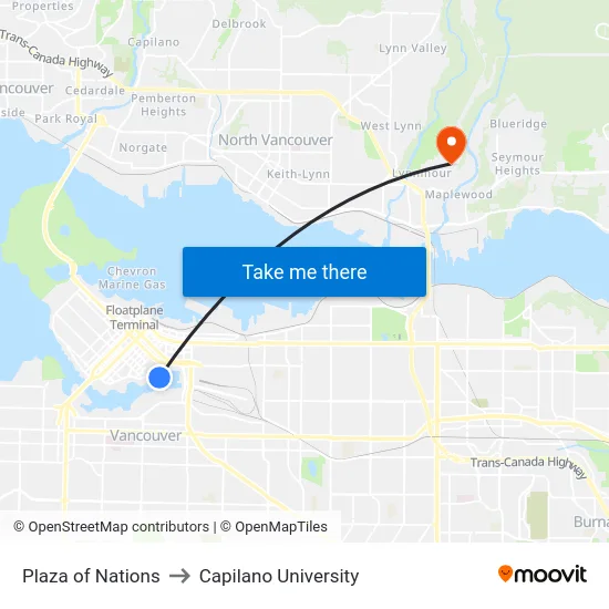 Plaza of Nations to Capilano University map