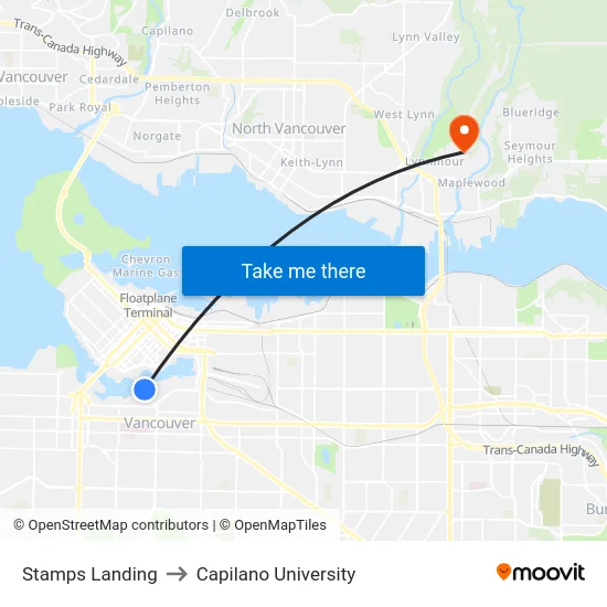 Stamps Landing to Capilano University map