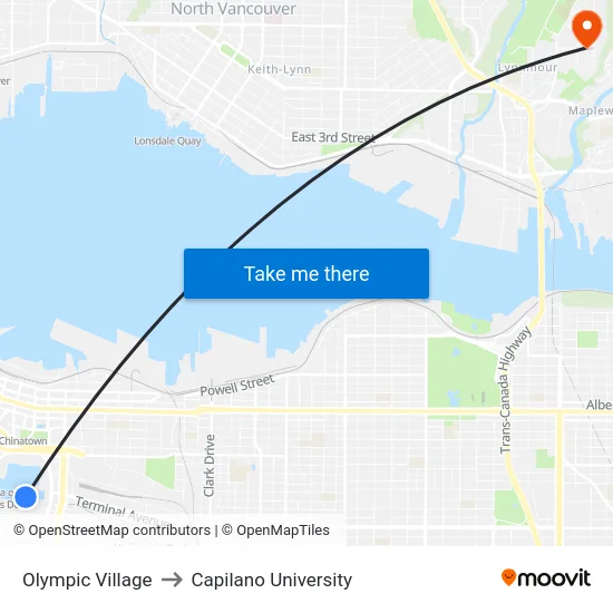 Olympic Village to Capilano University map