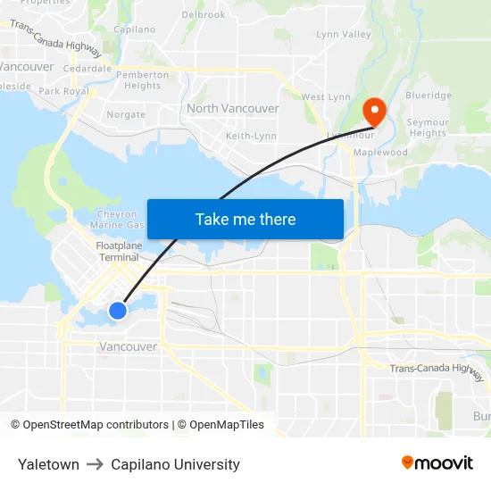 Yaletown to Capilano University map