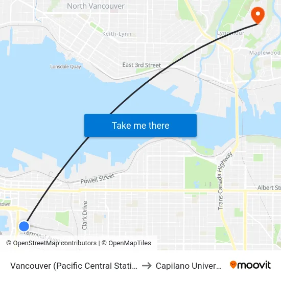Vancouver (Pacific Central Station) to Capilano University map