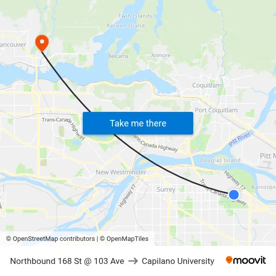 Northbound 168 St @ 103 Ave to Capilano University map