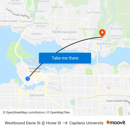 Westbound Davie St @ Howe St to Capilano University map