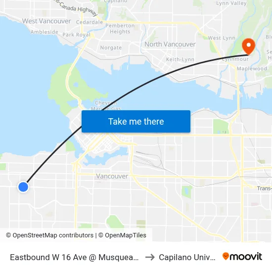Eastbound W 16 Ave @ Musqueamview St to Capilano University map