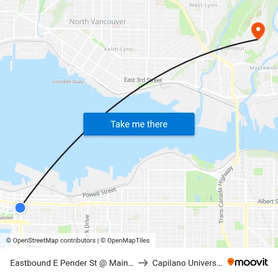 Eastbound E Pender St @ Main St to Capilano University map
