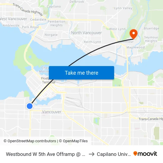 Westbound W 5th Ave Offramp @ Granville St to Capilano University map