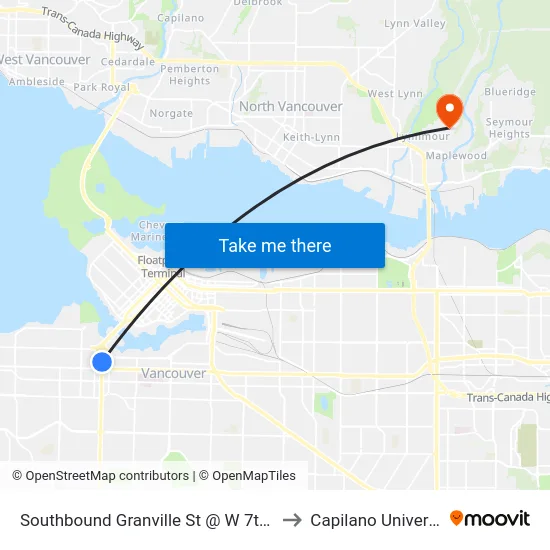Southbound Granville St @ W 7th Ave to Capilano University map