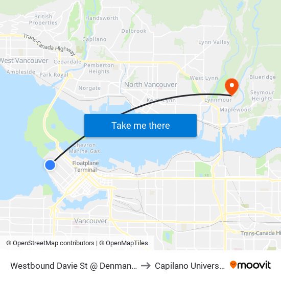 Westbound Davie St @ Denman St to Capilano University map