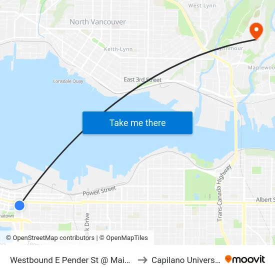 Westbound E Pender St @ Main St to Capilano University map