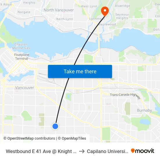 Westbound E 41 Ave @ Knight St to Capilano University map