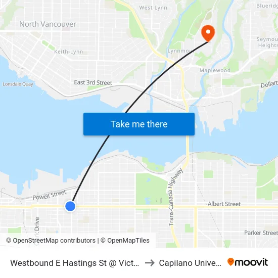 Westbound E Hastings St @ Victoria Dr to Capilano University map