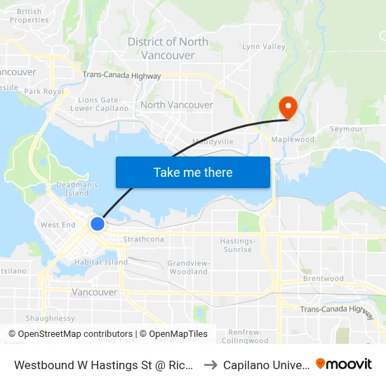 Westbound W Hastings St @ Richards St to Capilano University map